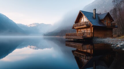 Fototapeta premium A picturesque wooden cabin by a serene lake, perfectly reflected in the calm waters, surrounded by misty mountains, capturing the essence of tranquility and nature's beauty.