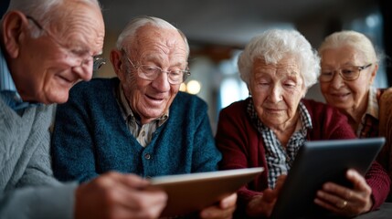 A joyful gathering of four seniors engaging with digital devices, highlighting connection, learning, and the joys of modern technology in a cozy environment.