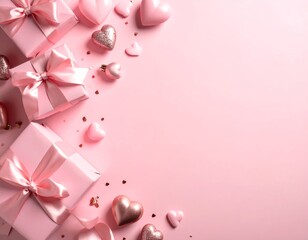 Fototapeta premium Pink gift boxes with ribbons and various heart-shaped decorations arranged on a soft pink background.