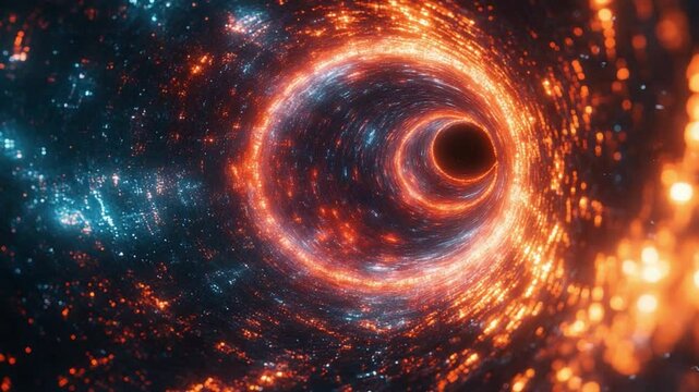 Cosmic singularity: A mesmerizing rendition of a black hole, drawing space and light into its inexorable core, surrounded by a swirling vortex of stardust and cosmic energy.