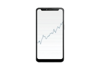 Smartphone displaying financial growth chart with rising line graph on screen on transparent background, PNG