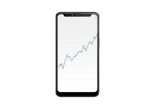 Smartphone displaying financial growth chart with rising line graph on screen on transparent background, PNG