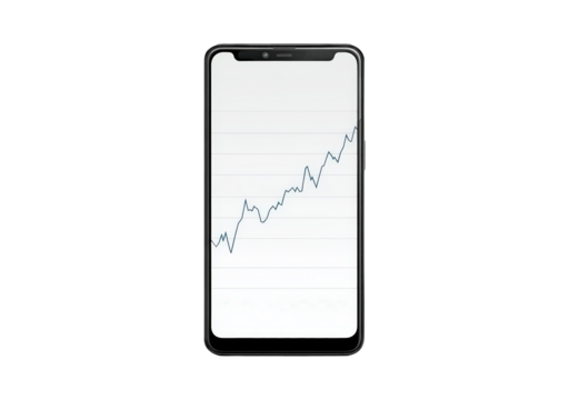 Smartphone displaying financial growth chart with rising line graph on screen on transparent background, PNG - Powered by Adobe