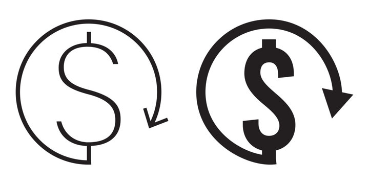 Dollar sign with downward arrow symbolizes cost savings. Dollar down icon. Cost reduction icon. Vector. Isolated.