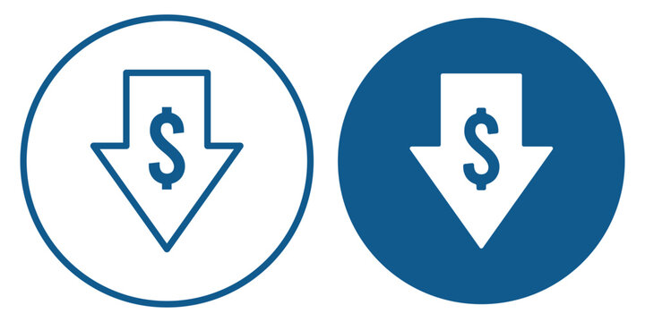 Dollar sign with downward arrow symbolizes cost savings. Dollar down icon. Cost reduction icon. Vector. Isolated.