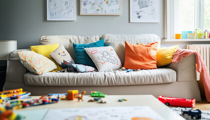 Bright and Cheerful Living Room with Colorful Pillows, Family Artwork, and Playful Decor, Creating a Warm and Inviting Atmosphere for Relaxation. creative cozy mess in the kids room