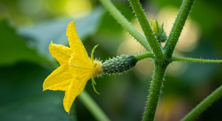 Cucumber Plant Begins Fruiting With Delicate Yellow Blossom and Emerging Baby Vegetable Visible