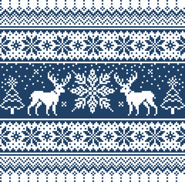Blue and White Fair Isle Christmas Reindeer Pattern