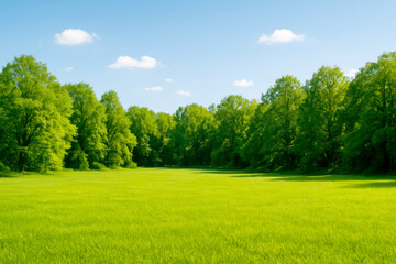 Obraz premium Sunny Green Meadow Surrounded by Lush Trees During a Clear Blue Sky in a Serene Natural Setting