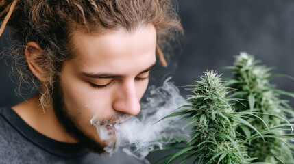 portrait of young male smoking and exhaling smoke on a marijuana bush