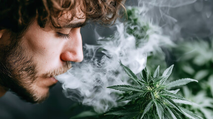 portrait of a man smoking and exhaling smoke on a marijuana bush
