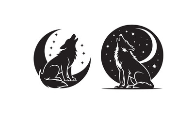 Fototapeta premium Two Black Wolves Howling at Crescent Moons Stars Vector Illustration
