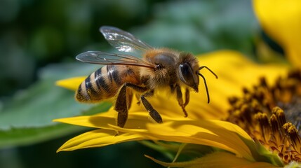 Macro shot shows honeybee on sunflower with bright midday lighting. AI generated
