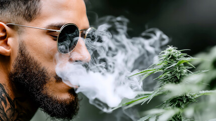 portrait of a man smoking and exhaling smoke on a marijuana bush