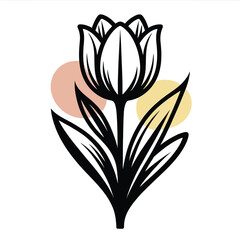 Black Line Art Tulip Illustration Beige Yellow Circles Background flower