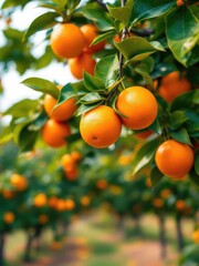 Close up of orange fruits hanging on tree branches with green leaves in an outdoor orchard scene view