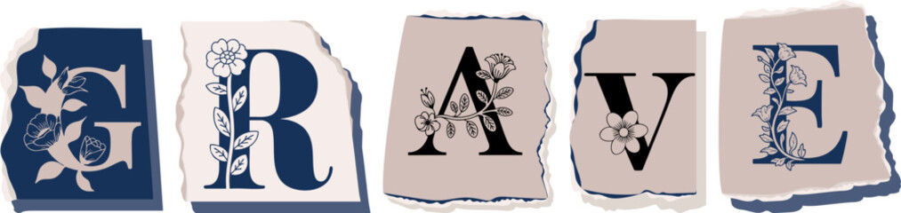 GRAVE Floral Typography of a Concept Word � Elegant Torn Paper Letter Design