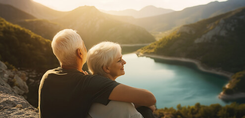 Elderly couple lovingly admire mountain view near shimmering water body.