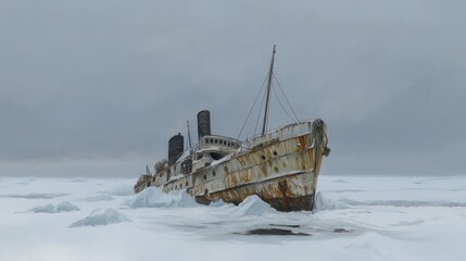 Rusty ship in icy waters