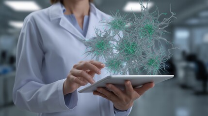 Medical professional interacts with tablet displaying neural network diagrams. Healthcare innovation merges with tech glows. AI generated.