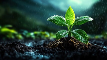 A young green plant grows in dark soil under gentle rainfall, symbolizing growth and renewal in a natural environment.