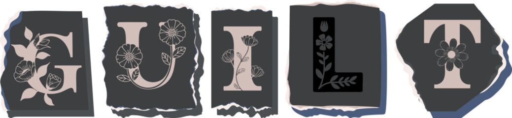 GUILT Floral Typography of a Concept Word � Elegant Torn Paper Letter Design