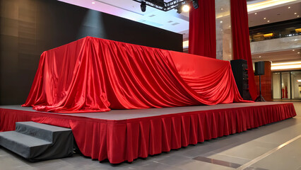 Stage covered with red cloth for product launch event or grand opening ceremony in shopping mall area