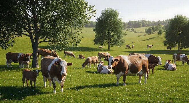 Cows grazing in green pasture - Powered by Adobe