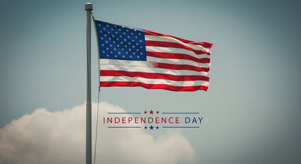 Elegant Independence Day Typography with Waving American Flag and Blue Sky Background - 4th of July Design - independence day (united states)