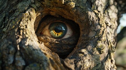 Obraz premium Eye peeking from a tree trunk