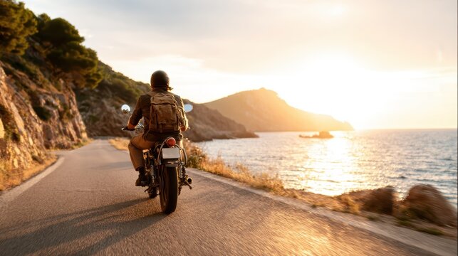 A scenic view of a motorcyclist cruising along a coastal road at sunset, evoking feelings of freedom and adventure in a picturesque landscape.