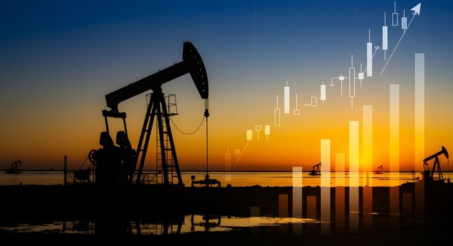 Silhouette of oil pumpjack on a shore against sunrise and digital stock market chart. Investment graph for energy industry.
