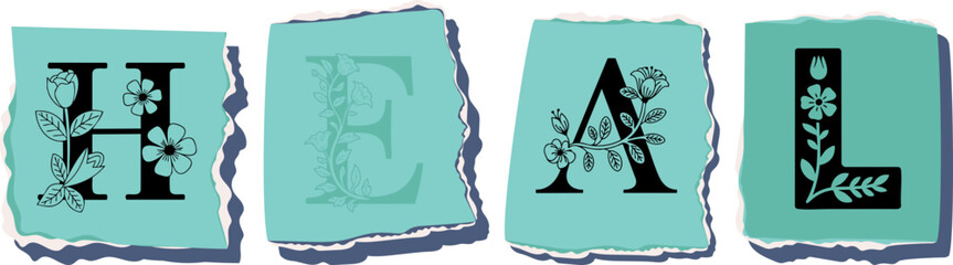 HEAL Floral Typography of a Concept Word � Elegant Torn Paper Letter Design