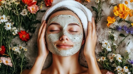 Serene Woman with Facial Mask Surrounded by Colorful Flowers, Relaxing Spa Day