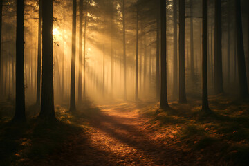 Fototapeta premium Sunlight streams through the trees in a foggy forest, creating a mystical atmosphere. The warm light illuminates the forest floor covered with fallen leaves, casting long shadows and highlighting the 