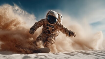An astronaut skillfully rides a snowboard on a surreal extraterrestrial terrain, highlighting themes of exploration, adventure, and the unknown within an otherworldly environment.