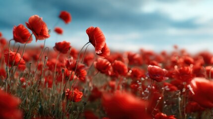Obraz premium A breathtaking field of vibrant red poppies dances in the breeze, set against a dramatic sky, offering a stunning display of nature's beauty and tranquility that captivates.