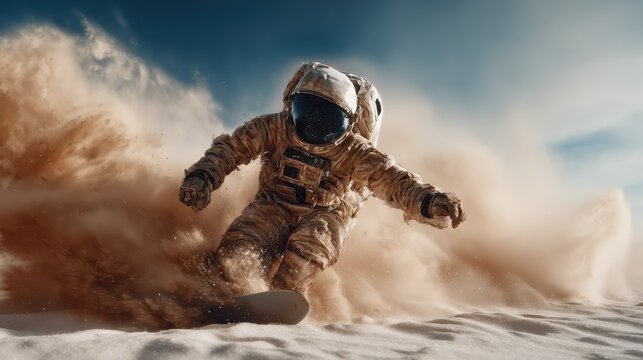 An astronaut skillfully rides a snowboard on a surreal extraterrestrial terrain, highlighting themes of exploration, adventure, and the unknown within an otherworldly environment.