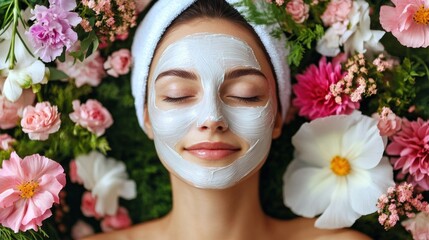Serene Woman with Facial Mask Surrounded by Beautiful, Colorful Flowers