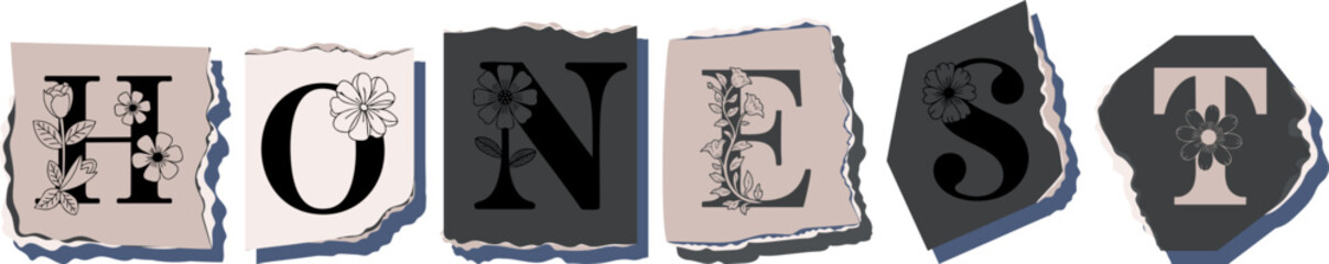 HONEST Floral Typography of a Concept Word � Elegant Torn Paper Letter Design