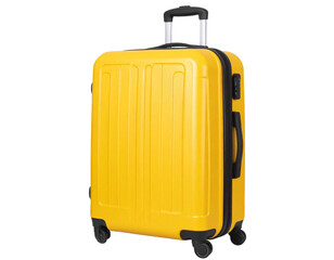 big yellow travel suitcase, png file of isolated cutout object with shadow on transparent background 