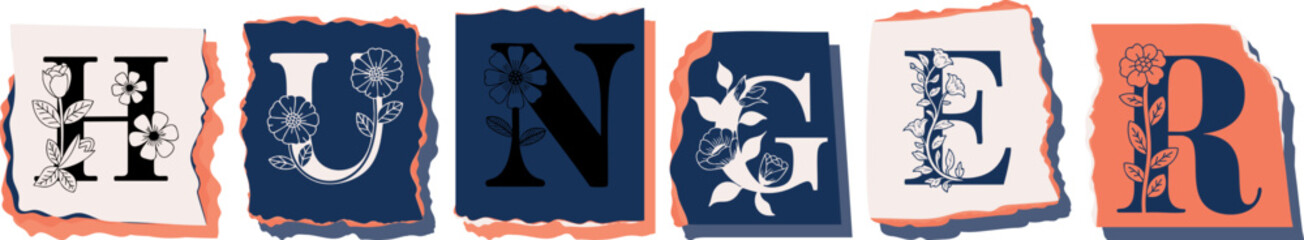 HUNGER Floral Typography of a Concept Word � Elegant Torn Paper Letter Design