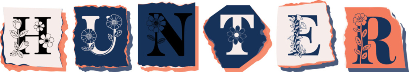 HUNTER Floral Typography of a Concept Word � Elegant Torn Paper Letter Design