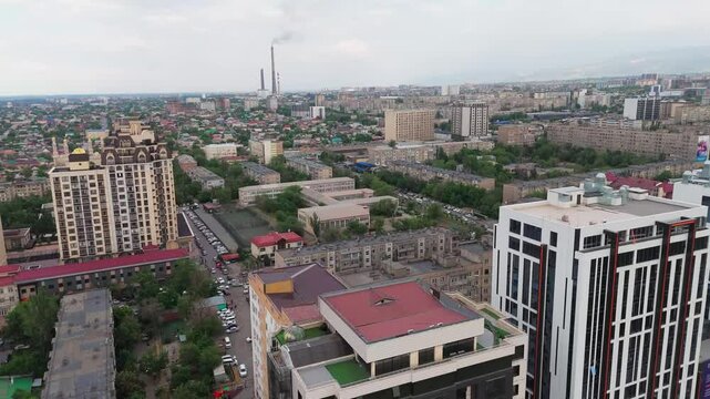 Drone Aerial fly Bishkek City &ndash; Capital of Kyrgyzstan with Central Mosque and Victory Square