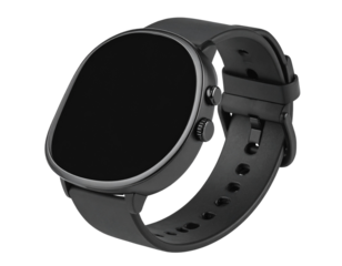 wrist smart watch mockup with black strap, png file of isolated cutout object with shadow on transparent background 
