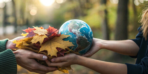 World Environment Day. Two hands that support the model world and autumn leaves in the concept of protecting the environment with sustainable nature care