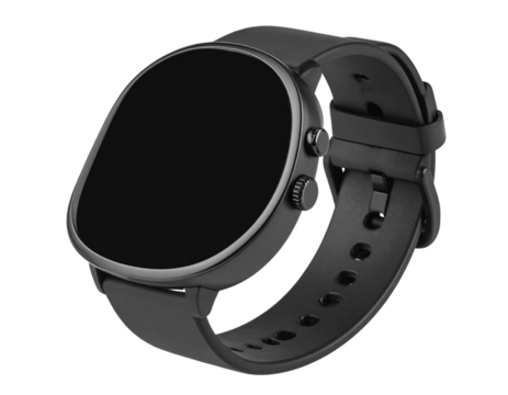 wrist smart watch mockup with black strap, png file of isolated cutout object with shadow on transparent background 