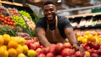 A joyful grocer showcases fresh fruits and vegetables, embodying community spirit and the importance of healthy eating in a vibrant marketplace full of life and color.