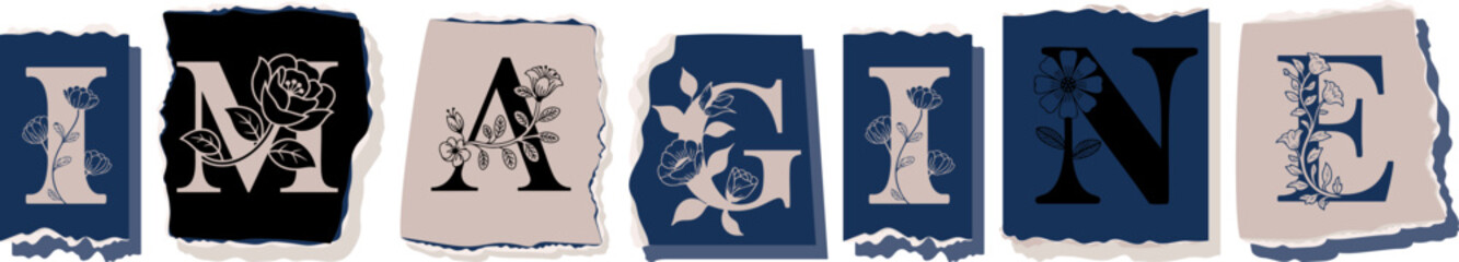 IMAGINE Floral Typography of a Concept Word � Elegant Torn Paper Letter Design