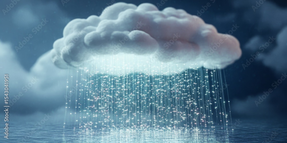 Poster conceptual image of cloud data storage and protection with digital data streams raining down